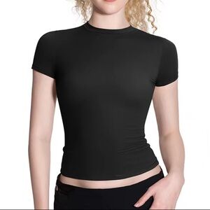 PUMIEY Black Short Sleeve Crew Neck Slim Fit Double Layer Compression Top, XL